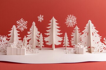 Aufkleber - Intricate paper cut-outs of trees and snowflakes create a whimsical holiday card design on a vibrant red backdrop. Generative AI