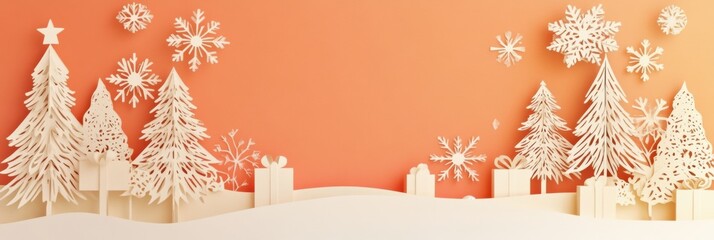 Poster - A beautifully crafted holiday card showcases intricate cut-out trees and delicate snowflakes on a warm, festive background with presents. Generative AI