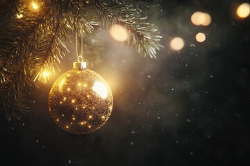 Aufkleber - A golden Christmas ornament shines brightly, hanging from a pine branch, while soft lights twinkle in the background, creating a festive atmosphere. Generative AI
