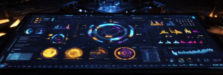 Poster - Futuristic dashboard displaying data analytics and visualizations.