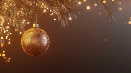 Aufkleber - A beautiful golden Christmas ornament shines bright while hanging from a lush pine branch, enhancing the holiday spirit in the air. Generative AI