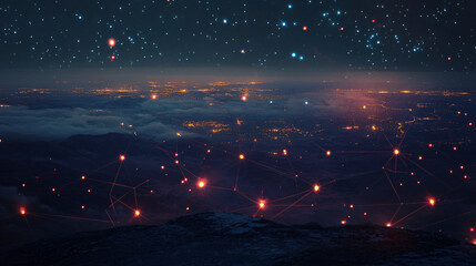 Poster - City lights shining from a mountain top at night with a starry sky in the background