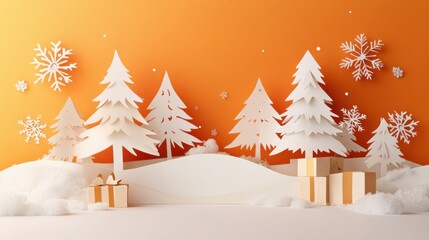 Aufkleber - Colorful holiday card showcases intricate paper cut-out trees and snowflakes set against an orange background, evoking festive cheer. Generative AI