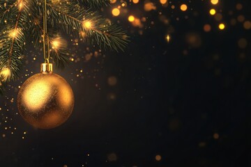 Poster - A dazzling golden ornament hangs from a pine branch, illuminated by soft, warm lights creating a festive atmosphere during the holiday season. Generative AI