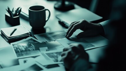 Poster - A hand examines photographs on a desk beside a coffee cup, suggesting a creative or analytical process.