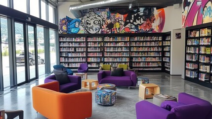 Aufkleber - A vibrant library space with colorful seating and shelves filled with books.