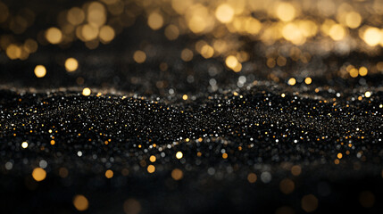 Aufkleber - Luxurious and festive concept with golden particles falling on black sand, creating waves and a bokeh effect