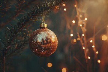 Poster - A golden ornament glistens among pine needles, adorned with twinkling lights in a cozy holiday atmosphere during winter festivities. Generative AI