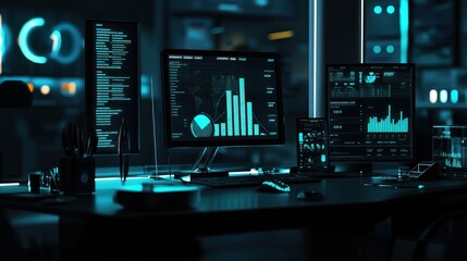 Poster - A modern workspace with multiple screens displaying data and analytics in a tech environment.