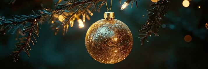 Poster - A stunning golden ornament catches the light as it dangles from a pine branch, creating a festive atmosphere outdoors during the holidays. Generative AI