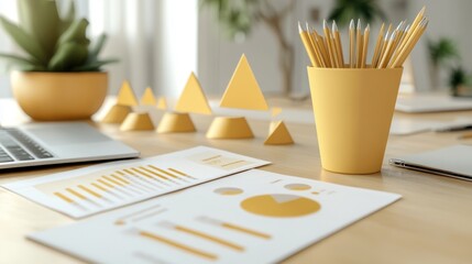 Poster - A workspace featuring yellow geometric shapes, a laptop, and analytical documents.