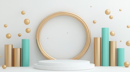 Aufkleber - A minimalist display with circular frame and colorful columns for presentations or showcases.
