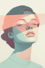 Poster - Abstract portrait of a serene woman with closed eyes, soft color overlay creating a dreamy atmosphere. Modern art concept blending emotions and style.