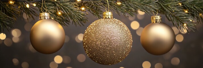 Poster - Sparkling golden ornaments dangle from a pine branch, surrounded by twinkling lights, creating a warm holiday atmosphere. Generative AI
