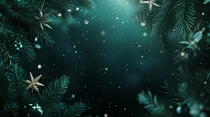 Aufkleber - Christmas background with fir branches, golden stars and falling snow creating a magical atmosphere on a dark green background