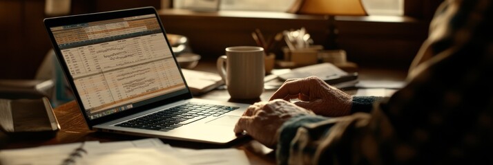 Aufkleber - A person typing on a laptop with a coffee cup nearby in a cozy workspace.