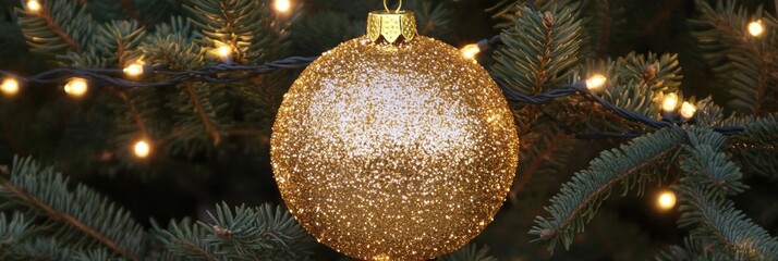 Poster - A shiny golden ornament captures the light while hanging gracefully from a pine branch, creating a festive holiday atmosphere. Generative AI