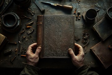 Poster - A person holds an ornate book amidst various tools on a rustic wooden table.
