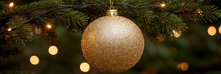 Poster - Golden ornament shines brightly, suspended from a lush pine branch, surrounded by warm festive lights during the holiday season. Generative AI