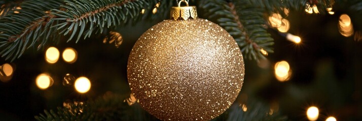 Poster - Golden ornament glistens from a pine branch, surrounded by soft, warm lights, creating a cozy holiday atmosphere perfect for decorations. Generative AI
