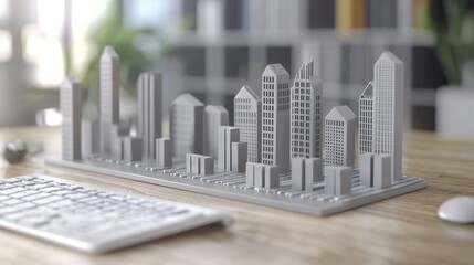 Leinwandbilder - A 3D cityscape model displayed on a desk beside a keyboard.