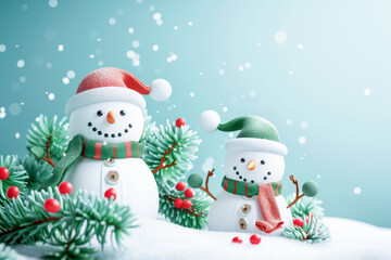 Wall Mural - Playful Christmas greeting card featuring cheerful snowmen with greenery in winter setting