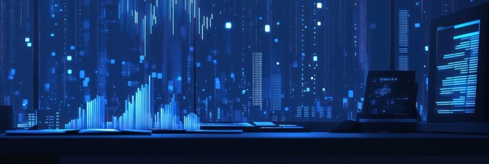 Aufkleber - A digital workspace with data visualizations and coding on screens.