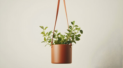 Wall Mural - a terracotta pot with a small green plant hangs from light brown leather straps against a muted back