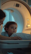 © Evhen Pylypchuk - A child lying calmly on an MRI scanner table with a caring technician nearby, highlighting advanced medical care in a modern hospital environment.