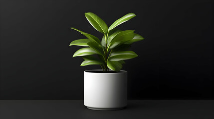 Wall Mural - a vibrant green plant in a simple white pot against a dark background.