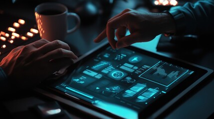 Leinwandbilder - A person interacting with a digital tablet displaying various data visualizations.