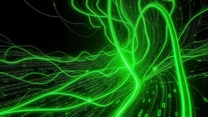 Abstract digital background with flowing binary code and glowing green streams, technology, coding, data