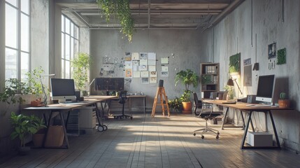 Aufkleber - A modern office space with plants, large windows, and creative workstations.