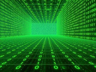futuristic digital grid background with streaming green binary numbers, programming, high-tech