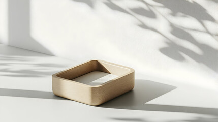 Wall Mural - beige square container on white surface with leaf shadows.