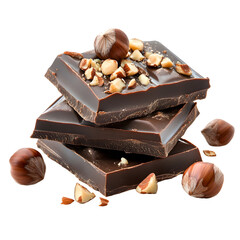 A stack of chocolate bars topped with nuts, surrounded by whole hazelnuts.