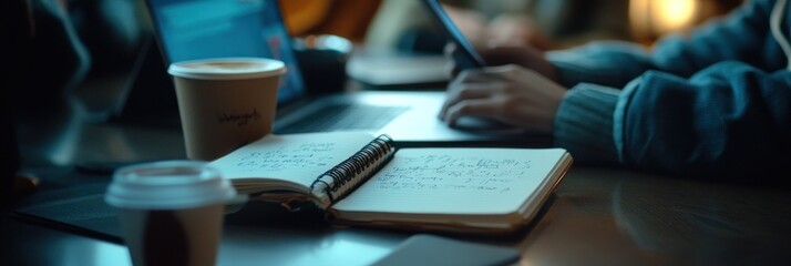 Poster - A workspace with a laptop, notebook, coffee, and a phone, suggesting productivity and focus.