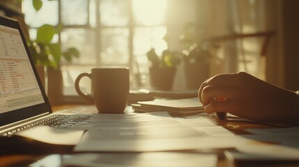 Aufkleber - A hand reviewing documents beside a laptop and a coffee cup, illuminated by sunlight.