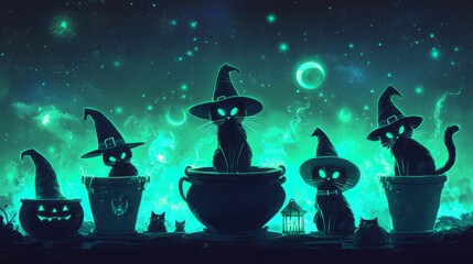 Wall Mural - 3d rendered hallowen background with cats