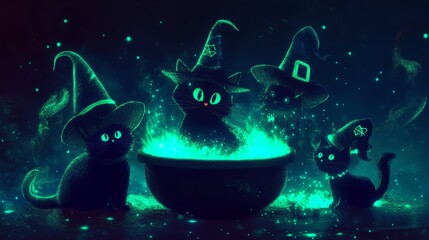 Wall Mural - 3d rendered hallowen background with cats