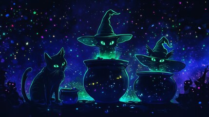 Wall Mural - 3d rendered hallowen background with cats