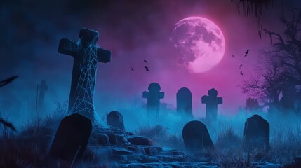 Wall Mural - 3d rendered hallowen background with graveyard