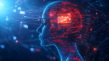 Fototapete - Digital code humanoid head processing data, representing artificial intelligence in a futuristic cyber environment