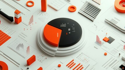 Poster - Abstract data visualization with geometric shapes and graphs in orange and black tones.