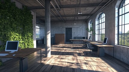 Aufkleber - Modern office space with large windows, natural light, and greenery.