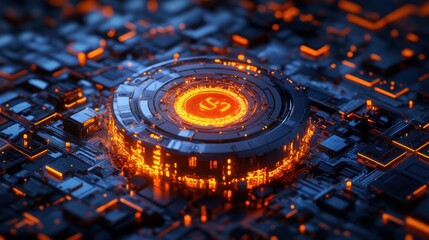Fototapete - A futuristic, glowing circuit board design with an intricate, circular pattern.