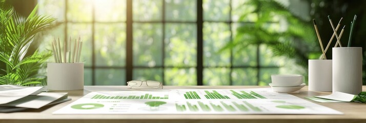 Poster - A workspace featuring green graphs and charts, surrounded by plants and natural light.