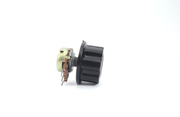 A variable resistor or potentiometer with a black knob on a white background. Used for electronics and robotics enthusiasts.