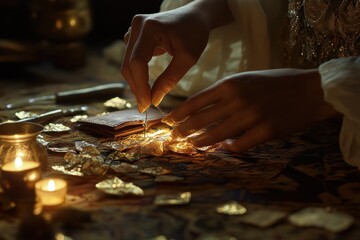 Aufkleber - A hand delicately applies gold leaf to a textured surface, surrounded by warm candlelight.
