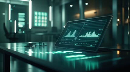 Fototapete - A modern workspace featuring a digital display with data visualizations and a sleek design.